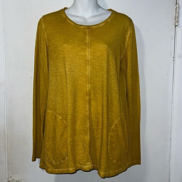 LOGO BY LORI GOLDSTEIN Allspice Yellow Slub Knit Long Sleeve Shirt w/ Pockets-S - Picture 1 of 9